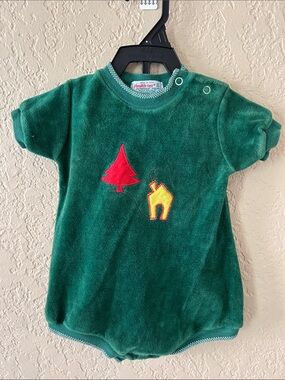 Vintage healthtex Green Velour Romper with Red Tree & Yellow House Applique,